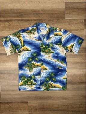 Vtg Hawaii Brand Aloha Shirt Medium Blue Tropical Scenic 100% Cotton Made in USA